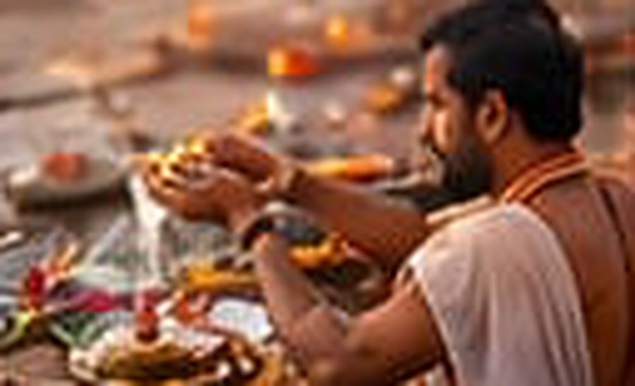 Priest performing a puja with a lamp and offerings on the riverbank